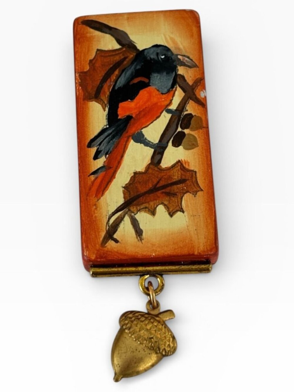 Oriole Bird Brooch Pin Hand-Painted Domino Bird Acorn Charm Autumn Fall Jewelry
